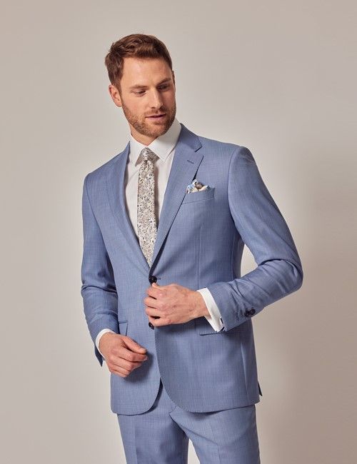 Light Blue Tailored Sharkskin Italian Suit Jacket - 1913 Collection