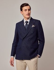 Navy Herringbone Tailored Linen Italian Suit Jacket - 1913 Collection