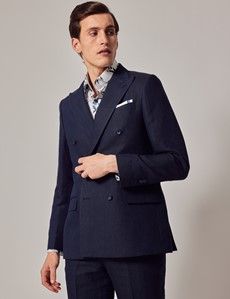 Navy Herringbone Tailored Linen Italian Suit Jacket - 1913 Collection-preview8