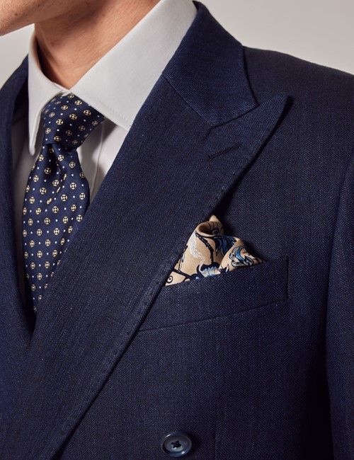 Navy Herringbone Tailored Linen Italian Suit Jacket - 1913 Collection-preview