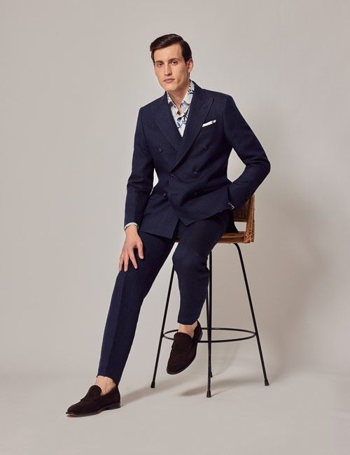 Navy Herringbone Linen Double Breasted Tailored Italian Suit - 1913 Collection