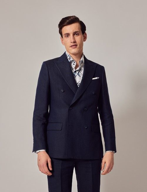 Navy Herringbone Linen Double Breasted Tailored Italian Suit - 1913 Collection-preview