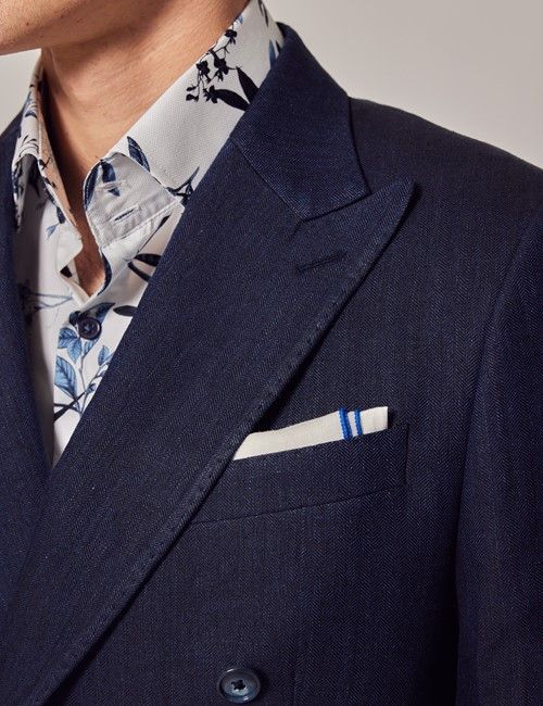 Navy Herringbone Linen Double Breasted Tailored Italian Suit - 1913 Collection-preview