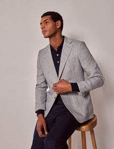 Light Grey Hopsack Linen Italian Slim Suit Jacket - 1913 Collection