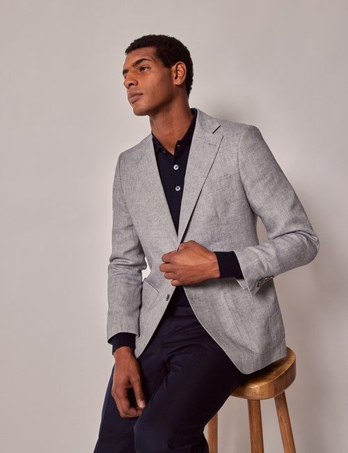 Light Grey Hopsack Linen Italian Slim Suit Jacket - 1913 Collection
