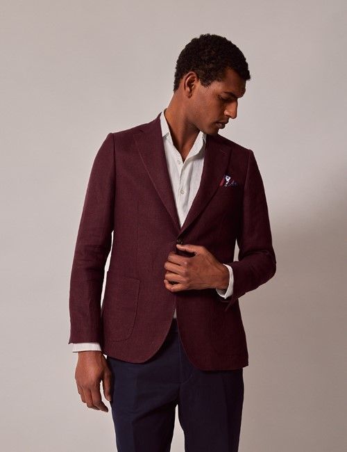 Burgundy Hopsack Linen Italian Slim Suit Jacket - 1913 Collection