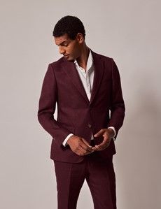Burgundy Hopsack Linen Italian Slim Suit Jacket - 1913 Collection-preview7