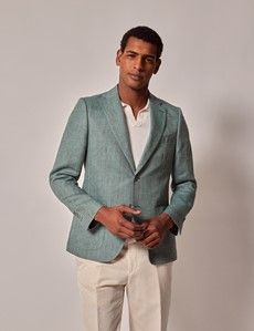 Sea Green Herringbone Linen Italian Slim Suit Jacket - 1913 Collection