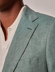 Sea Green Herringbone Linen Italian Slim Suit Jacket - 1913 Collection-preview1