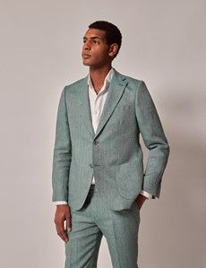 Sea Green Herringbone Linen Italian Slim Suit Jacket - 1913 Collection-preview5