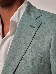 Sea Green Herringbone Linen Italian Slim Suit Jacket - 1913 Collection-preview6