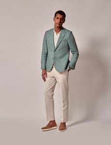 Sea Green Herringbone Linen Italian Slim Suit Jacket - 1913 Collection-preview4
