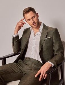 Dark Green Semi Plain Linen Italian Tailored Suit Jacket - 1913 Collection