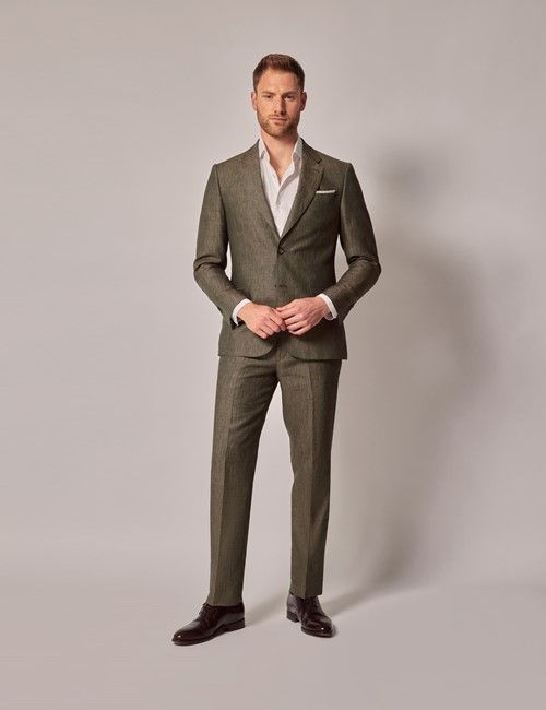Dark Green Semi Plain Linen Italian Tailored Suit - 1913 Collection
