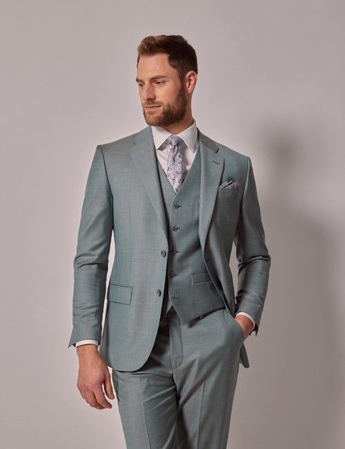 Green Sharkskin Tailored 3 Piece Italian Suit - 1913 Collection