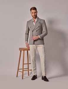 Beige Crepe Double Breasted Tailored Italian Suit Jacket - 1913 Collection-preview8