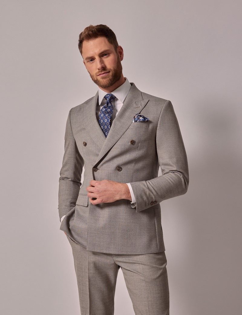 Men's Beige Crepe Double Breasted Tailored Italian Suit - 1913 ...