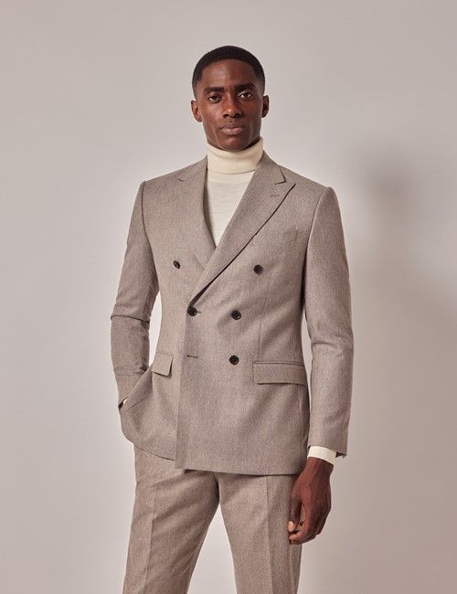 Taupe Double Breasted Flannel Slim Suit Jacket - 1913 Collection