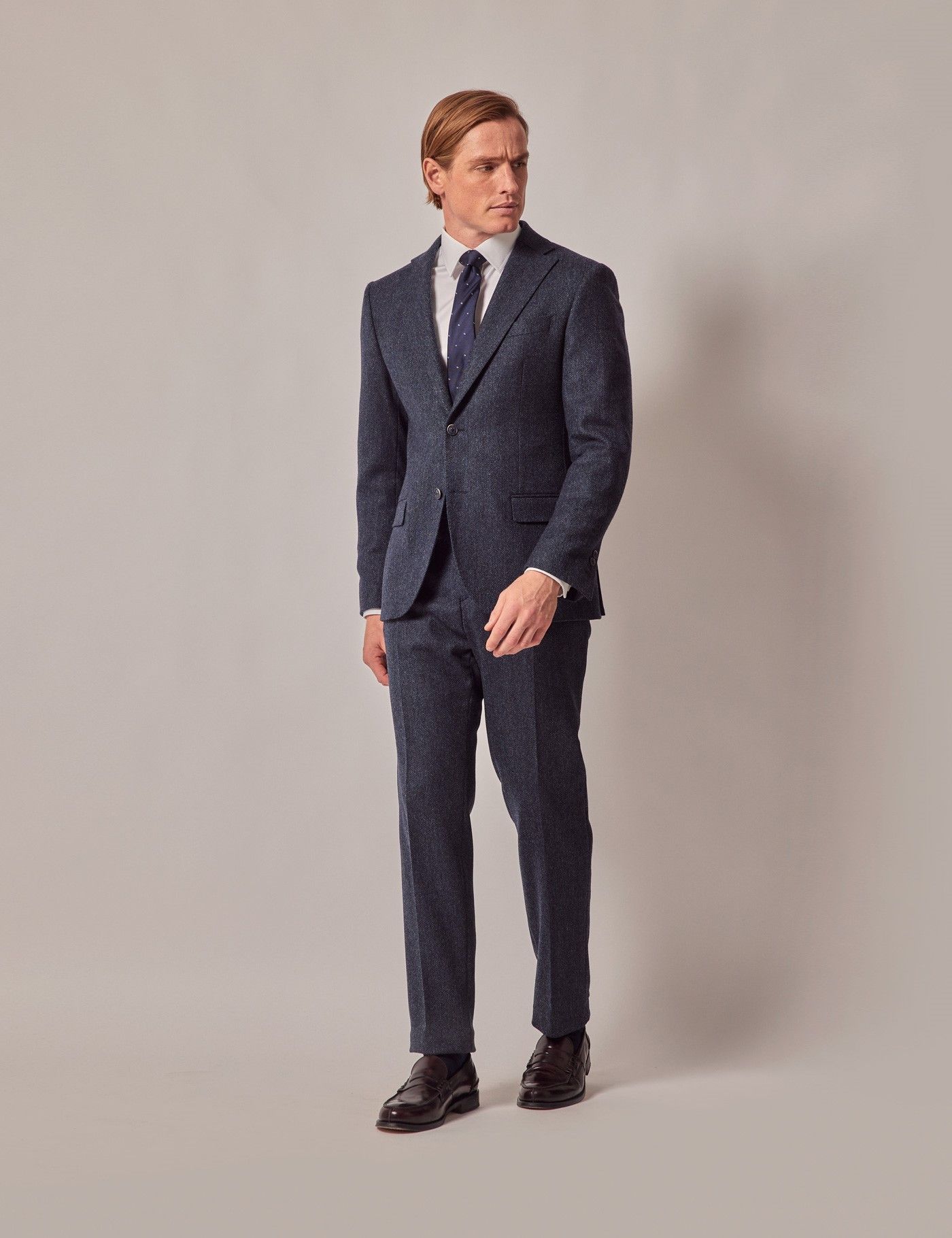 Men's Blue Herringbone Tweed Slim Suit - 1913 Collection | Hawes and Curtis