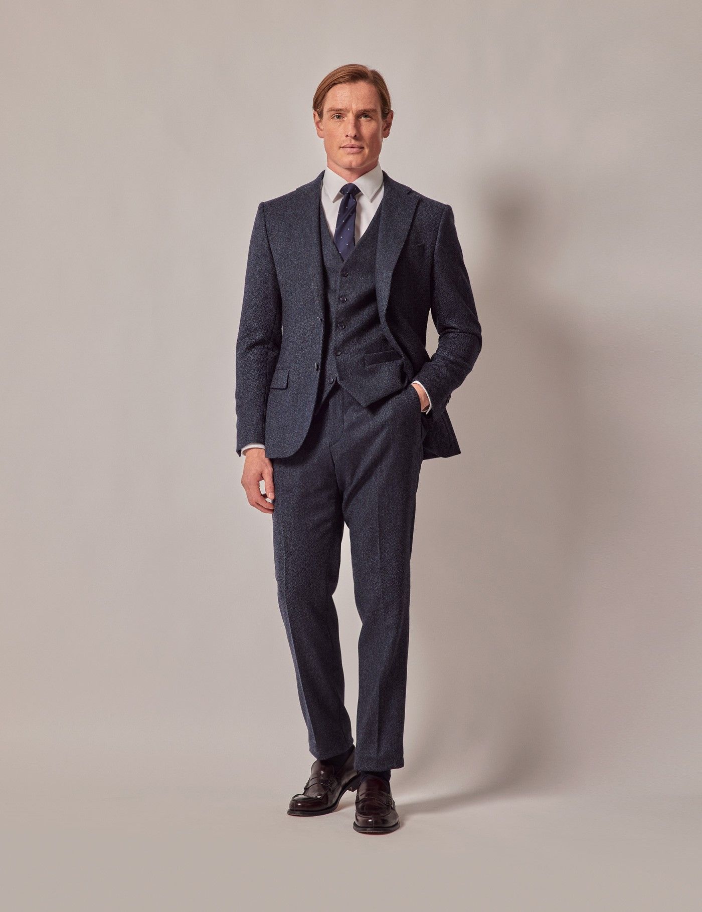 Men's Blue Herringbone Tweed 3 Piece Slim Suit - 1913 Collection ...