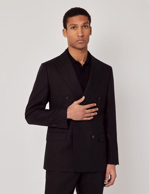 Black Italian Linen Tailored Fit Double Breasted Suit Jacket - 1913 Collection