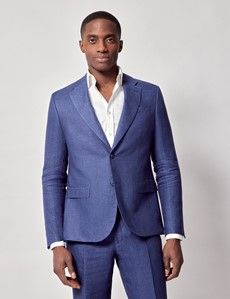 Royal Blue Semi Plain Italian Linen Tailored Fit Suit Jacket - 1913 Collection