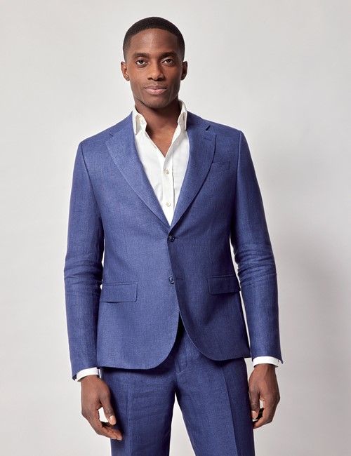 Royal Blue Semi Plain Italian Linen Tailored Fit Suit Jacket - 1913 Collection