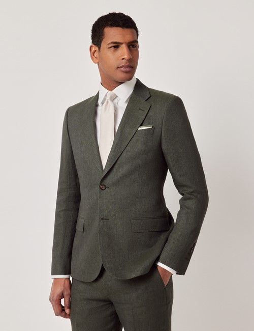 Dark Green Semi Plain Italian Linen Tailored Fit Suit Jacket - 1913 Collection