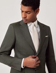Dark Green Semi Plain Italian Linen Tailored Fit Suit Jacket - 1913 Collection-preview2