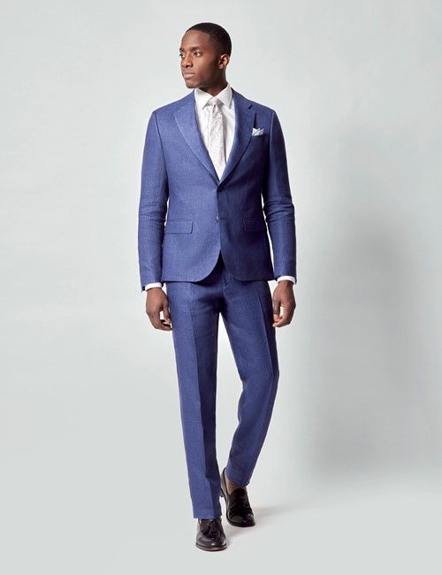 Royal Blue Semi Plain Italian Linen Tailored Fit Suit - 1913 Collection