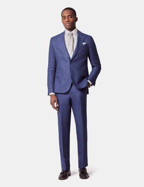 Royal Blue Semi Plain Italian Linen Tailored Fit Suit - 1913 Collection