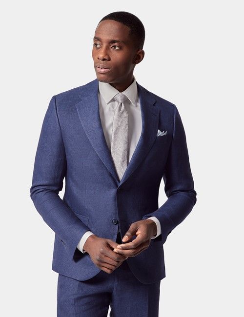 Royal Blue Semi Plain Italian Linen Tailored Fit Suit - 1913 Collection