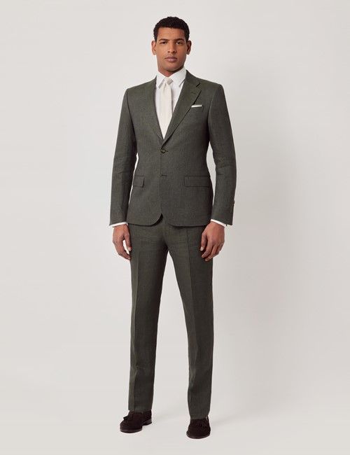 Dark Green Semi Plain Italian Linen Tailored Fit Suit - 1913 Collection