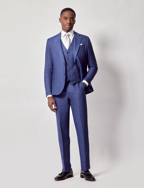Royal Blue Semi Plain Italian Linen 3 Piece Tailored Fit Suit - 1913 Collection