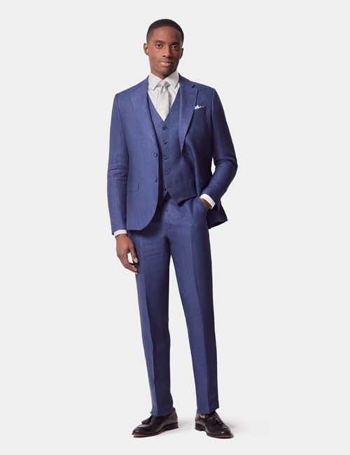 Royal Blue Semi Plain Italian Linen 3 Piece Tailored Fit Suit - 1913 Collection