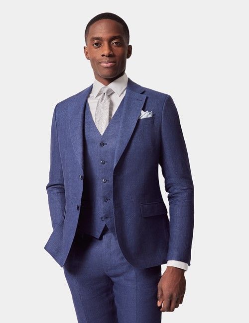 Royal Blue Semi Plain Italian Linen 3 Piece Tailored Fit Suit - 1913 Collection