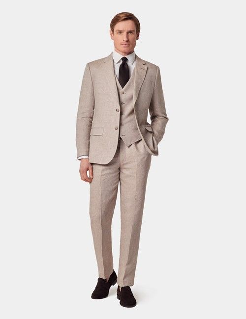 Natural Semi Plain Italian Linen 3 Piece Tailored Fit Suit - 1913 Collection