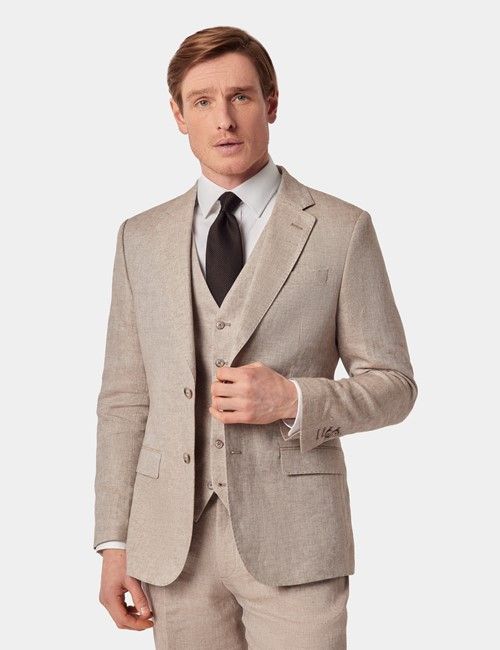 Natural Semi Plain Italian Linen 3 Piece Tailored Fit Suit - 1913 Collection