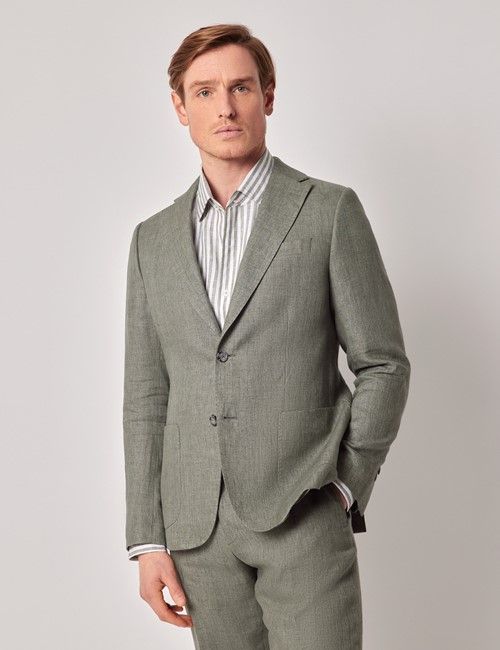 Sage Green Herringbone Italian Linen Slim Fit Suit Jacket - 1913 Collection
