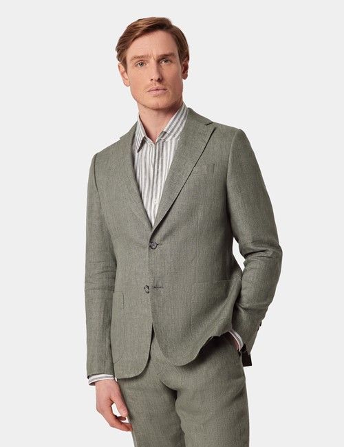 Sage Green Herringbone Italian Linen Slim Fit Suit Jacket - 1913 Collection