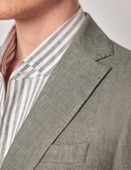 Sage Green Herringbone Italian Linen Slim Fit Suit - 1913 Collection-preview