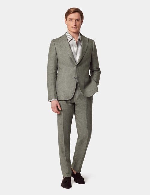 Sage Green Herringbone Linen Italian Slim Suit - 1913 Collection