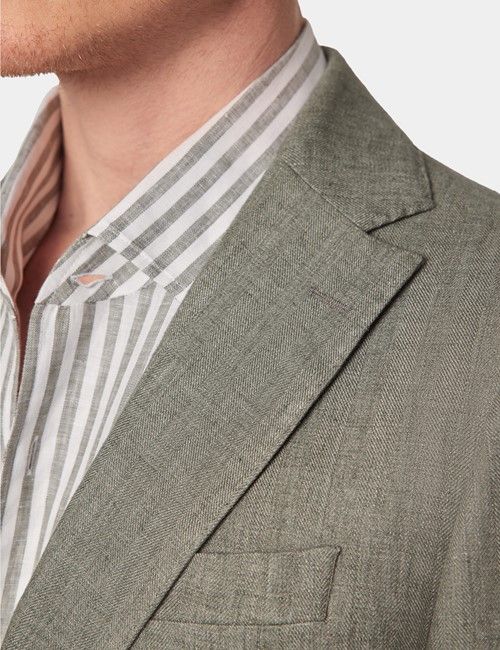 Sage Green Herringbone Linen Italian Slim Suit - 1913 Collection-preview