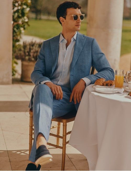 Denim Blue Twill Italian Linen Slim Fit Suit - 1913 Collection-preview