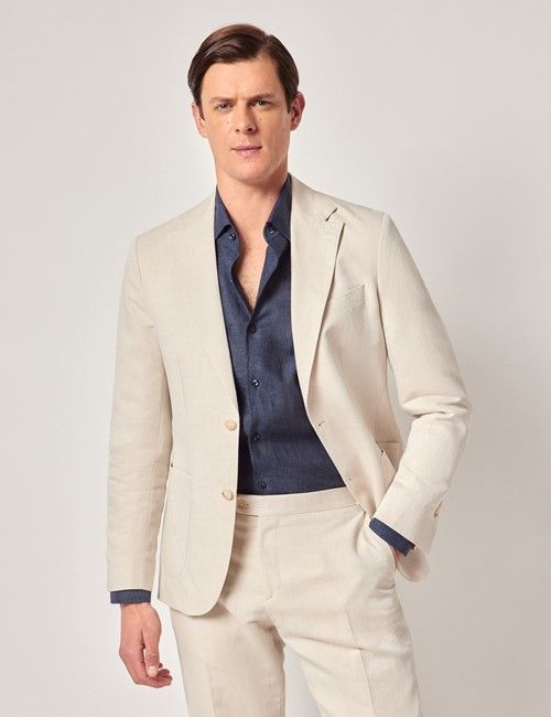 Beige Italian Linen-Cotton Slim Fit Suit Jacket - 1913 Collection