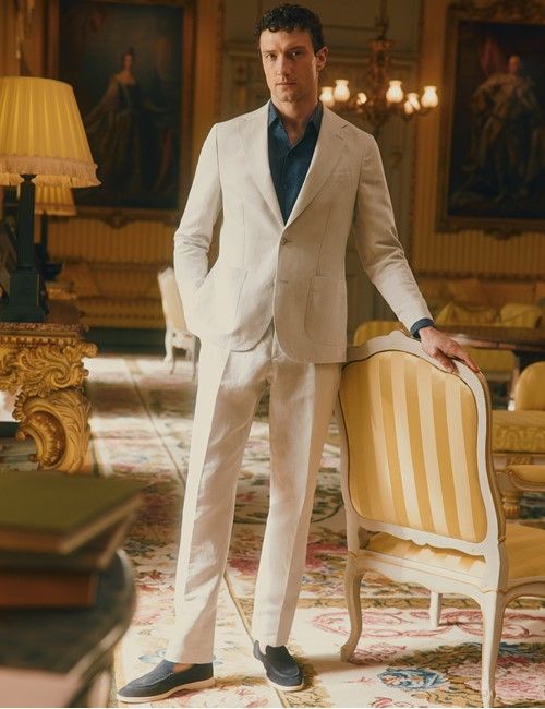 Beige Italian Linen-Cotton Slim Fit Suit - 1913 Collection-preview