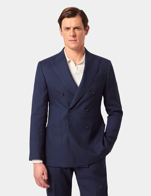 Navy Italian Linen-Wool Double Breasted Slim Fit Suit Jacket - 1913 Collection