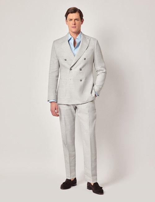 Light Grey Italian Linen-Wool Double Breasted Slim Fit Suit - 1913 Collection