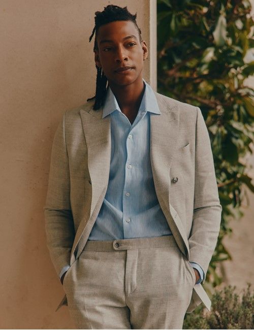 Light Grey Italian Linen-Wool Double Breasted Slim Fit Suit - 1913 Collection-preview