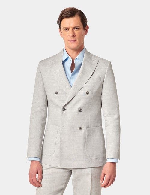 Light Grey Italian Linen-Wool Double Breasted Slim Fit Suit - 1913 Collection